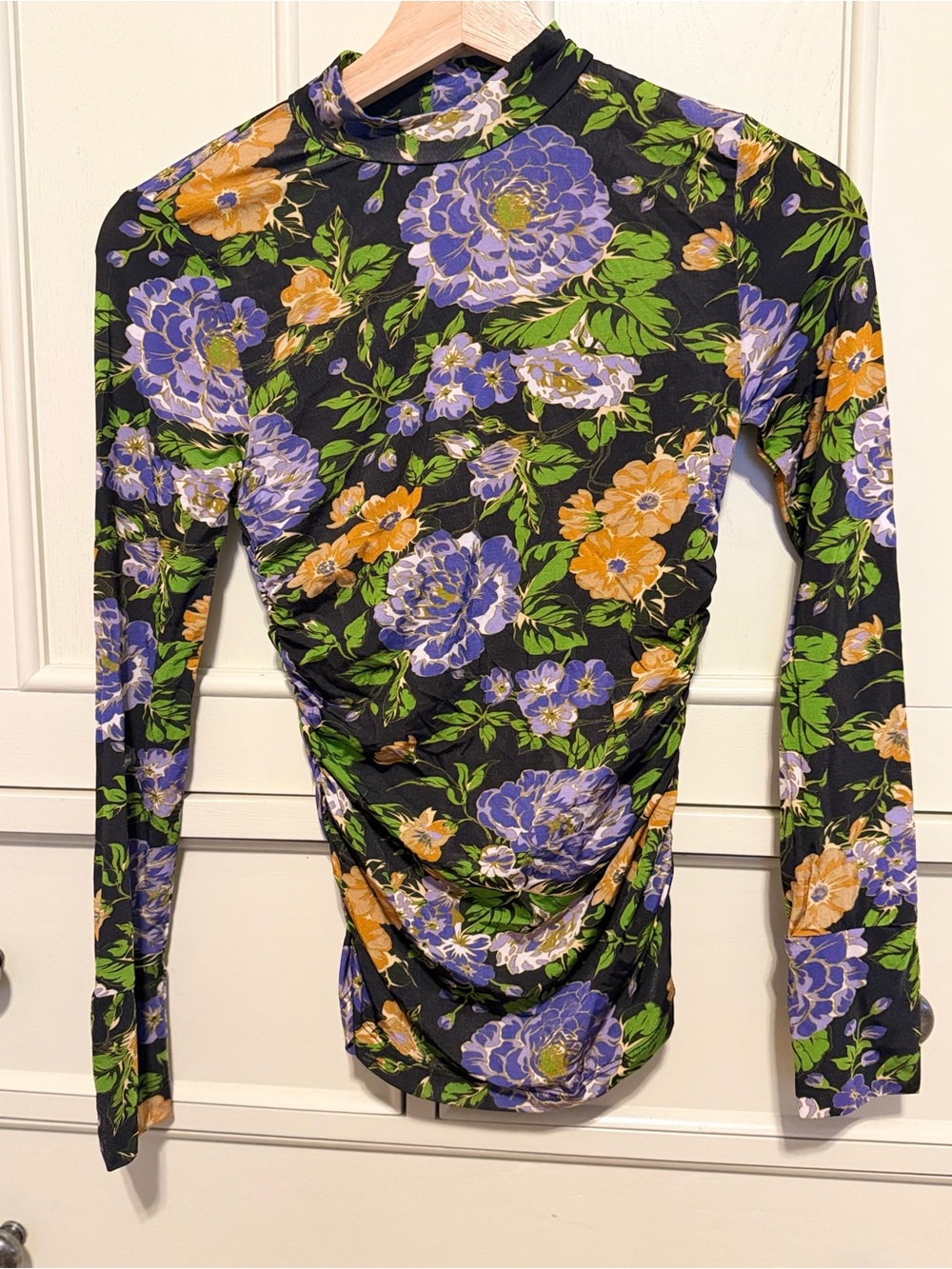 FARM Rio Black Floral Mock Neck Top with Purple & Yellow Blooms